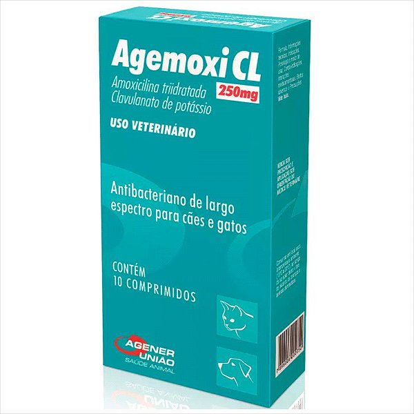 Agemoxi CL 250mg Antibiótico 10 comprimidos Cães e Gatos (Amoxicilina Trihidratada) - Agener União