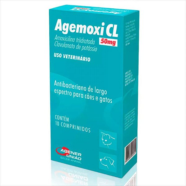 Agemoxi CL 50mg Antibiótico 10 Comprimidos Cães e Gatos (Amoxicilina Trihidratada) - Agener União