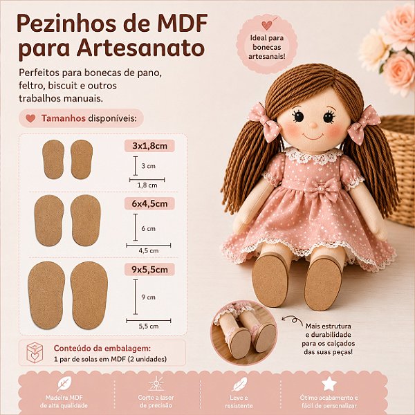 Sola para Bonecas e Ursinhos em MDF Cru - 10 Pares para Sapatos Artesanais