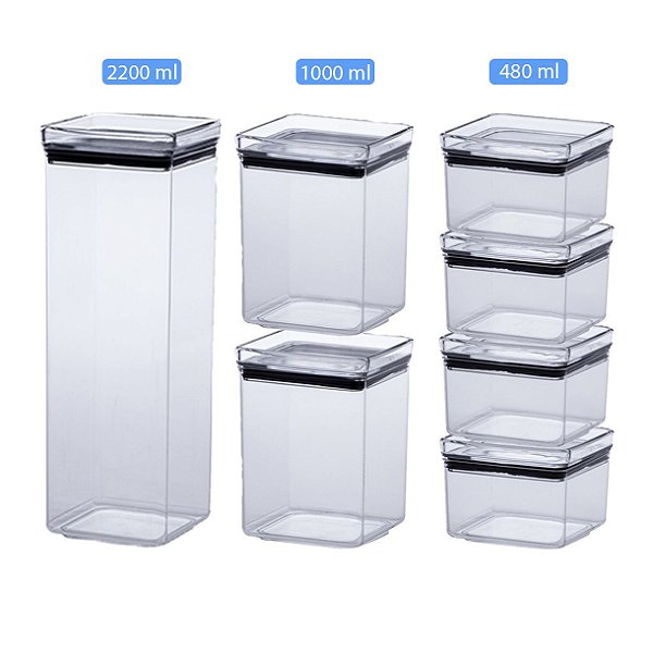 Kit 7 Potes Herméticos Empilhável 480ml 1000ml 2200ml