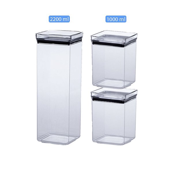 Kit 3 Potes Herméticos Empilhável 1000ml 2200ml