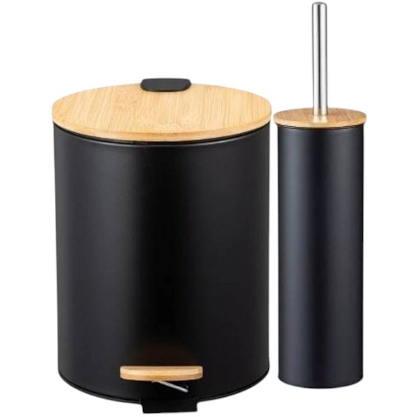 Kit Escova Vaso Sanitário e lixeira Pedal Tampa De Bambu 5l