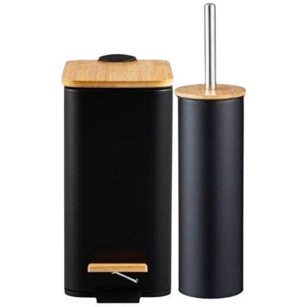 Kit lixeira Tampa De Bambu com Pedal 5l e Escova Vaso Sanitário