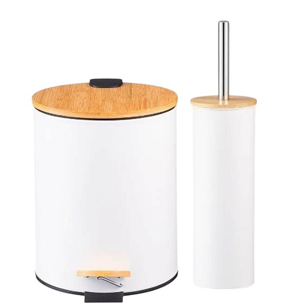 Kit Lixeira C Pedal 5l Tampa Bambu e Escova Sanitaria Branco