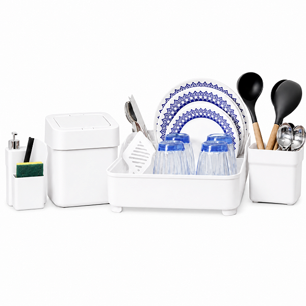 Kit Organiza Pia 5 Peças Escorredor Lixeira Dispenser Porta Talheres Branco