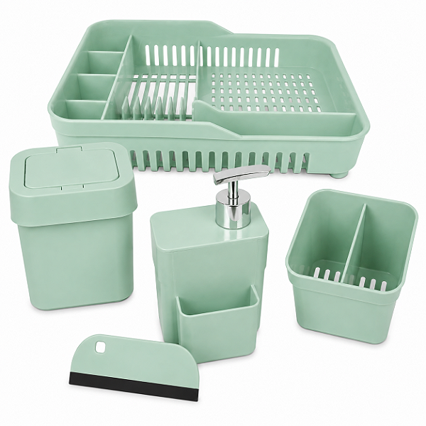 Kit Organiza Pia 5 Peças Escorredor Lixeira Dispenser Porta Talheres Verde