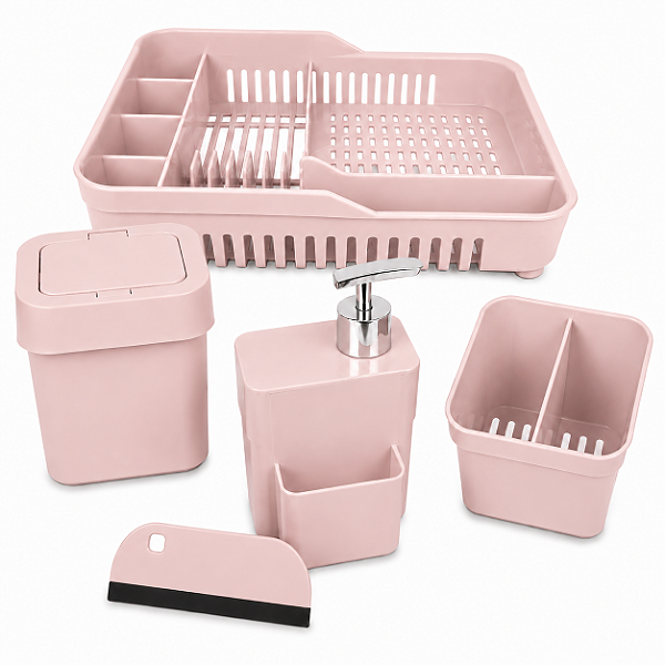 Kit Organiza Pia 5 Peças Escorredor Lixeira Dispenser Porta Talheres Rosa