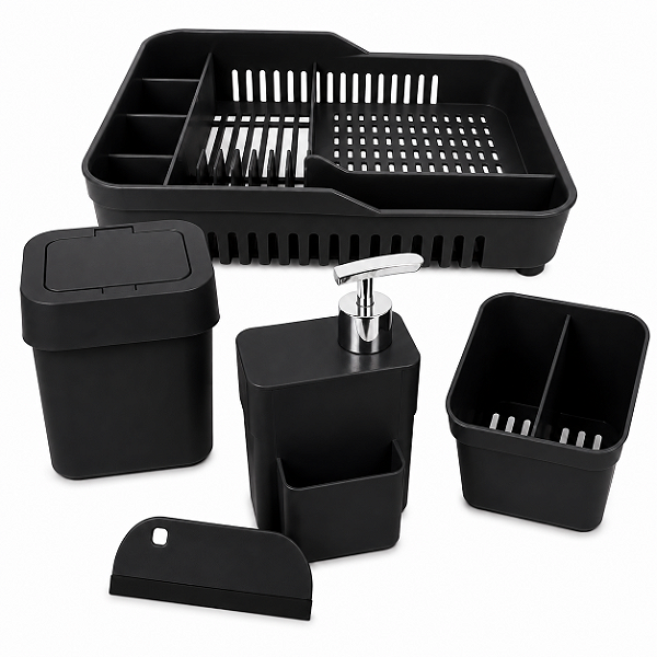 Kit Organiza Pia 5 Peças Escorredor Lixeira Dispenser Porta Talheres Preto