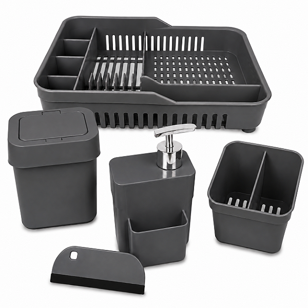 Kit Organiza Pia 5 Peças Escorredor Louça Lixeira Dispenser Porta Talheres Cinza