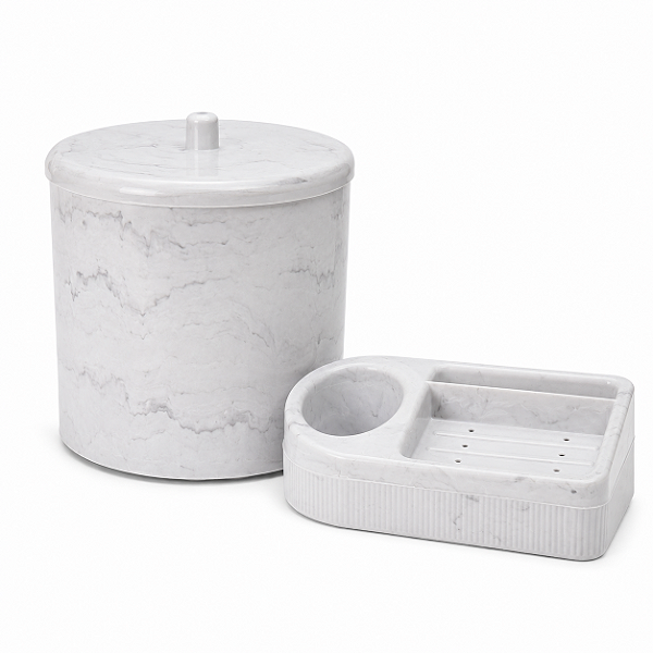 Kit Pia 2 Peças Lixeira Cesto Multiuso Porta Sabão Branco Carrara Marmorizado