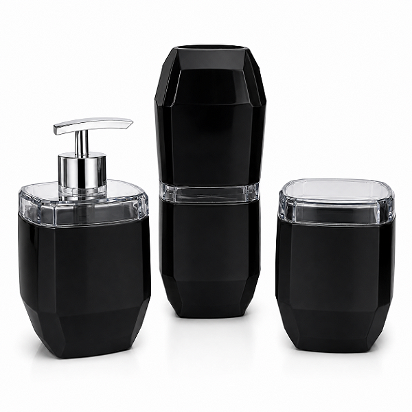 Kit Lavabo Diamante 3 Peças Porta Sabonete Escova Cotonete Preto
