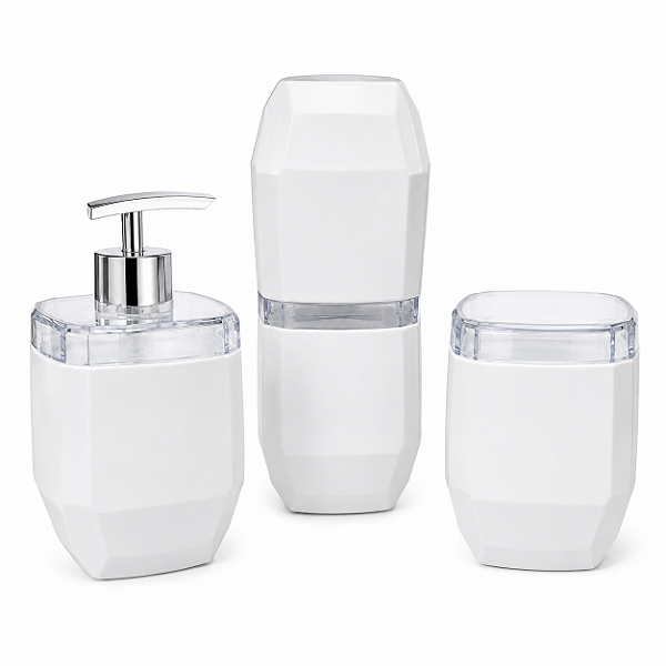 Kit Lavabo Diamante 3 Peças Porta Sabonete Escova Cotonete Branco