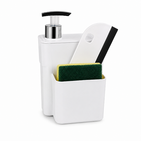 Dispenser Detergente Organizador de Pia Porta Esponja com Rodinho Branco