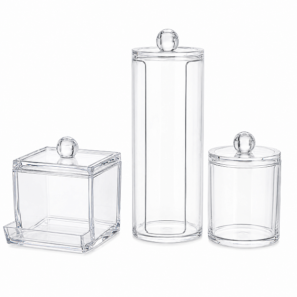 Kit Porta Algodão e Cotonetes 3 Peças Organizador Acrílico Transparente