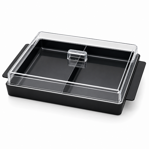 Porta Frios Duplo Preto com Tampa Transparente 2 Compartimentos