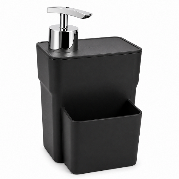 Dispenser Detergente 750ml com Porta Esponja Organizador de Pia Preto