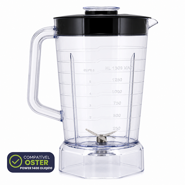 Copo Liquidificador Compatível Oster Power 1400 Full OLIQ610 com Lâmina e Tampa Preta