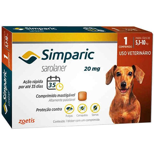 SIMPARIC 20 MG ANTIPULGAS E CARRAPATOS PARA CÃES 5,1 A 10KG - 1 COMPRIMIDO
