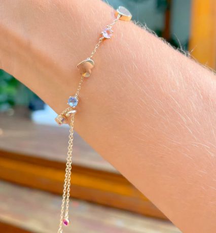 Pulseira Corações Cristal Turmalina Rosa - Regulável - SP