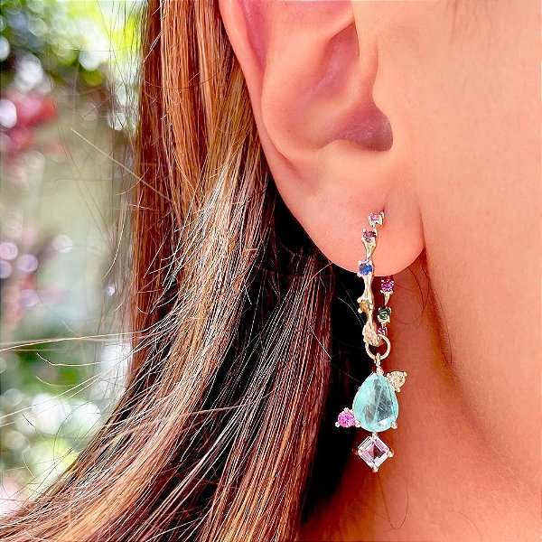 Brinco argola Cristais e esmeralda colombiana gota fusion -  SP