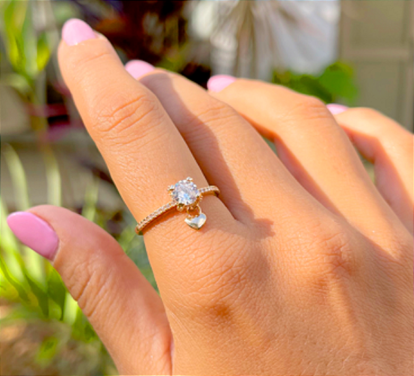 Anel Solitário Coração Pendente - SP