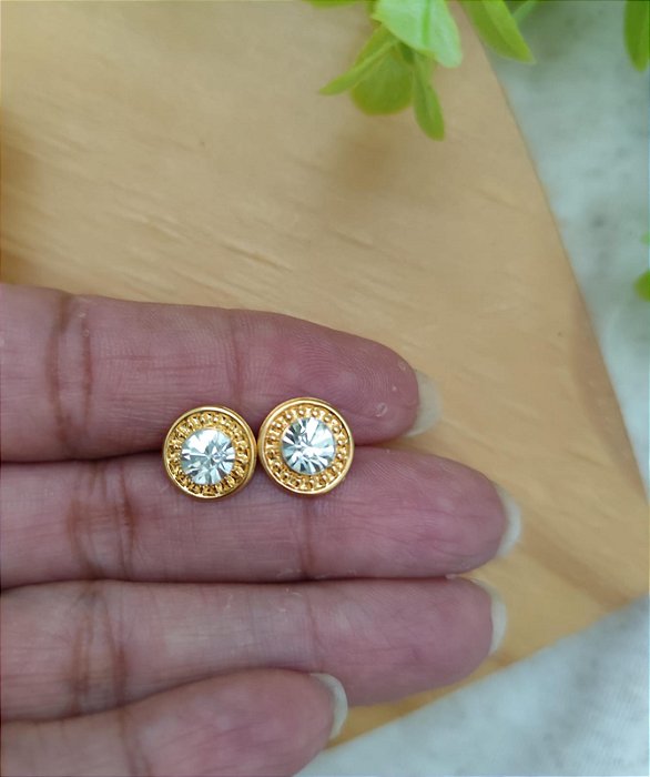 Brinco Redondo 10mm com Strass Ouro (Par)