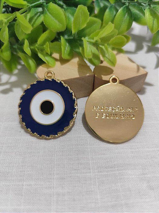 Pingente Olho Grego Resinado Azul com branco 35mm Ouro (un)