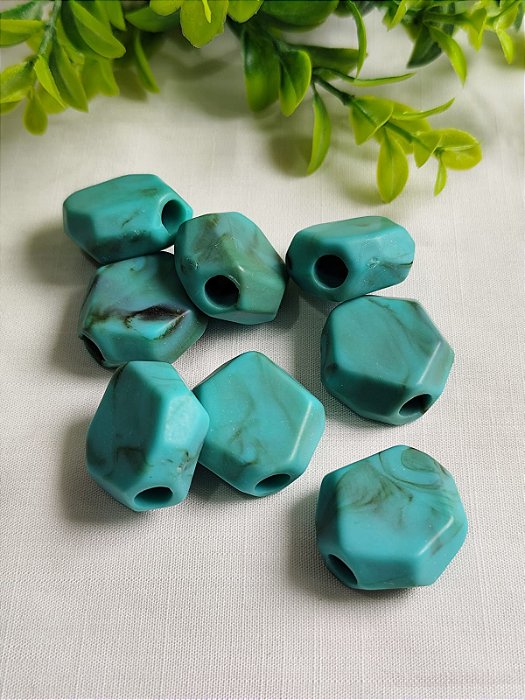 Conta de Resina Geométrica 25mm Turquesa Mesclado Fosco, furo grande 6mm (4un)