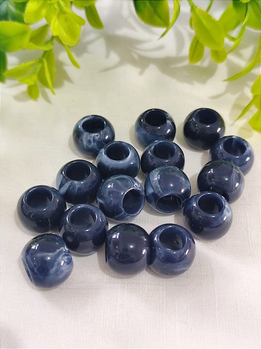 Bola de Resina Azul Marinho Mesclado 13mm, furo grande  (6un)