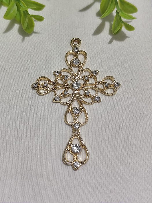 Cruz Trabalhada para terço com strass 80mm Ouro (un)