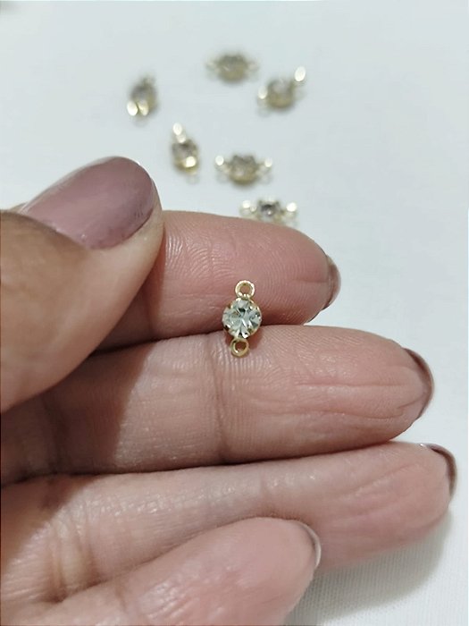 Entremeio com strass 4mm, duas saídas, Ouro (10un)