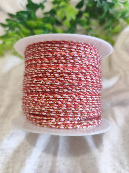 Cordão de Algodão Trançado 2mm Vermelho com branco (metro)