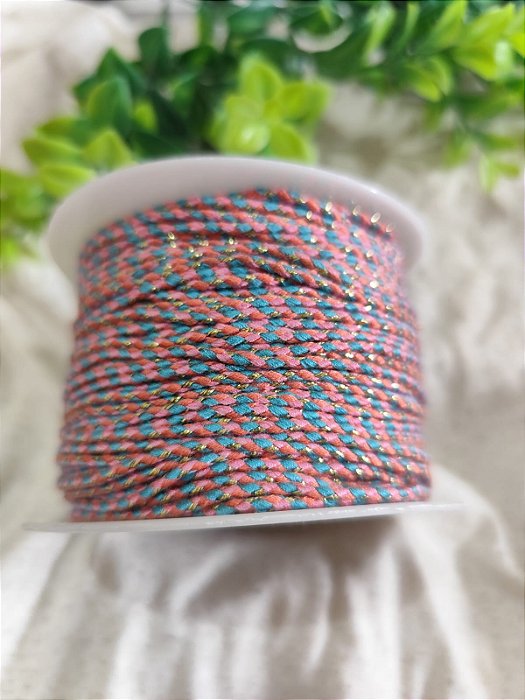 Cordão de Algodão Trançado 2mm Rosa com Azul (metro)