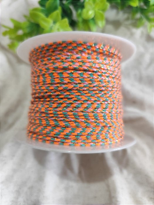 Cordão de Algodão Trançado 2mm Coral com Turquesa (metro)