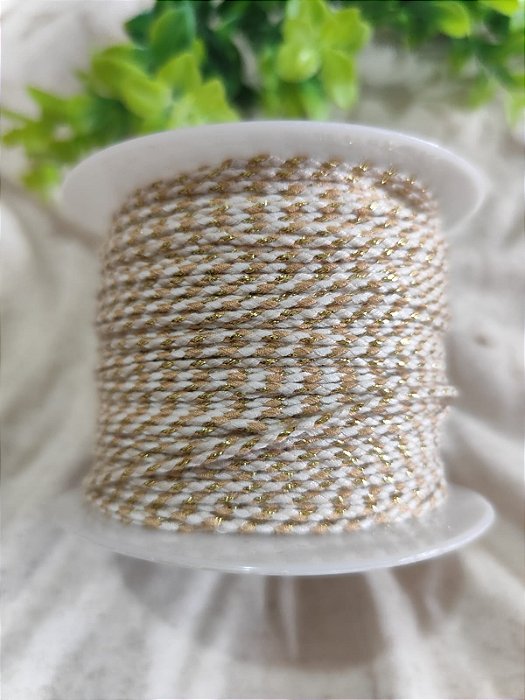 Cordão de Algodão Trançado 2mm Off White com dourado (metro)