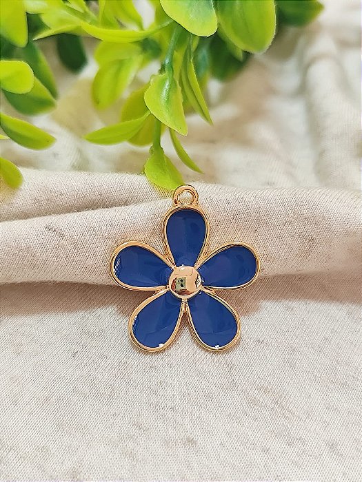 Pingente Flor 33mm Ouro,  Resinado Azul (1un)