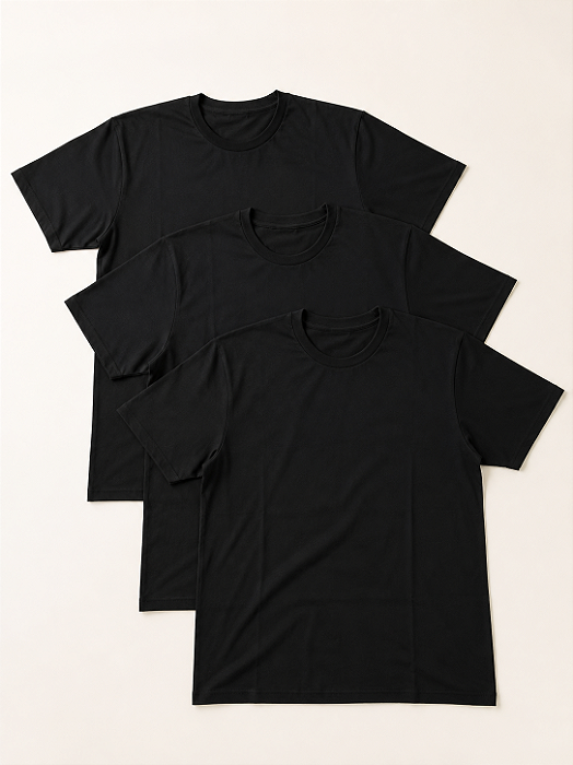Kit 3 Camisas Malha Básica Preta 100% Algodão