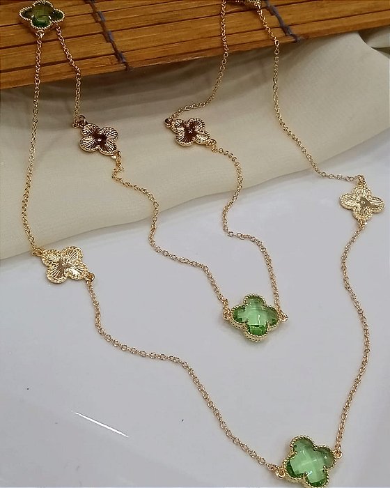 Colar Trevo Cristais 80cm