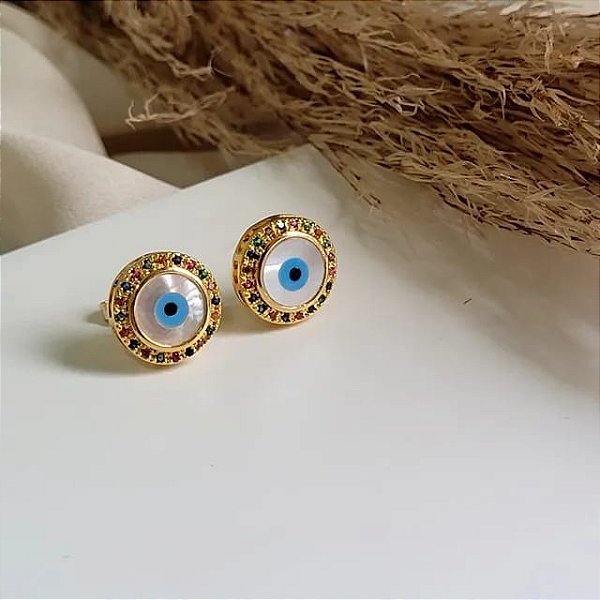 Brinco Olho Grego Com Madrepérola Folheado a Ouro 18k