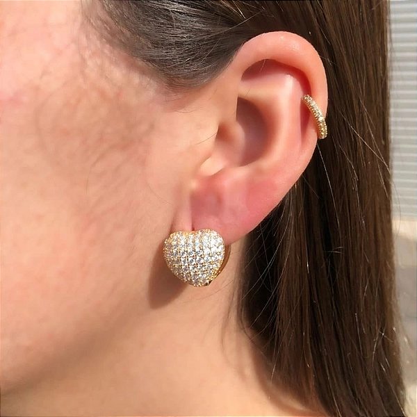 Brinco Click Coração Lado Cravejado e Lado Liso