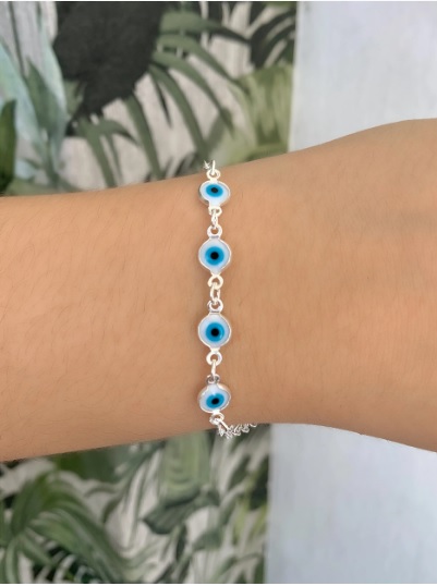 Pulseira em Prata 925 com 4 Pingentes de Olho Grego