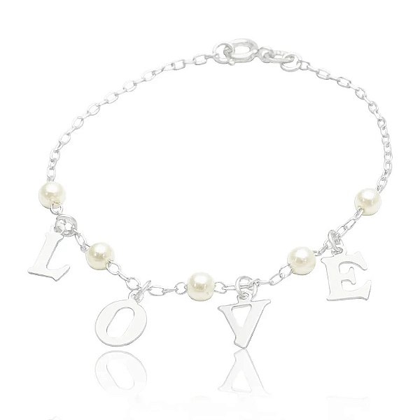 PULSEIRA PRATA 18CM PEROLAS 4MM C/ LOVE PENDURADO