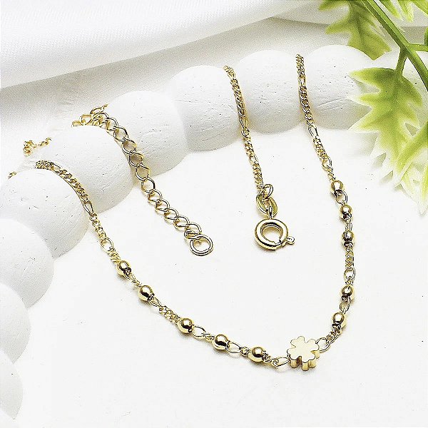 Gargantilha 35+10cm Corrente Lamina C/ Trevo E Bolinhas