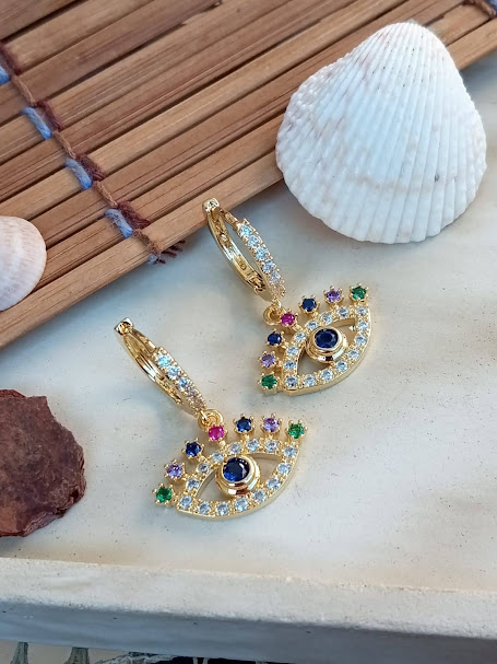 Brinco Olho Grego Colorido com Zircônias