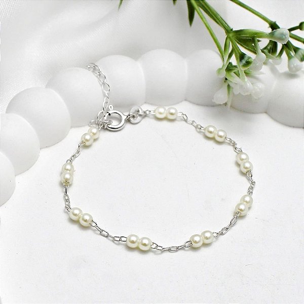 Pulseira Prata Elo Cadeado C/ Perolas Intercaladas