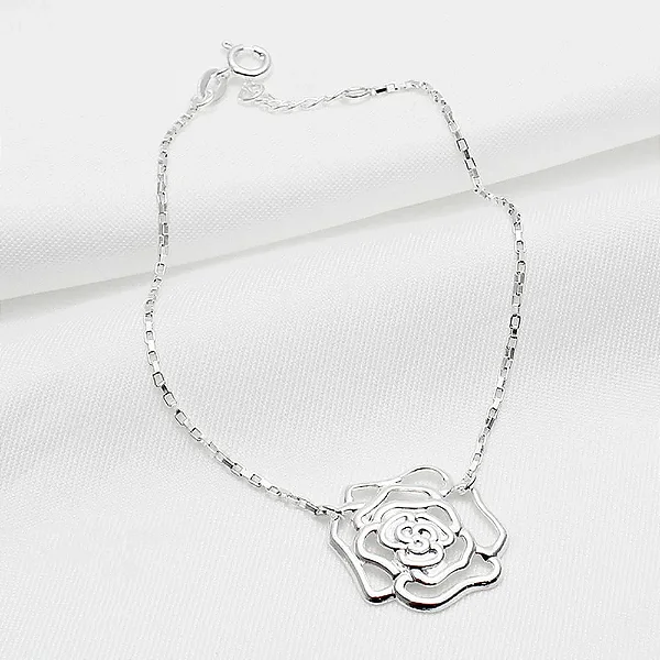 Pulseira Prata 925 18+2cm Veneziana Longa C/ Rosa Vazada