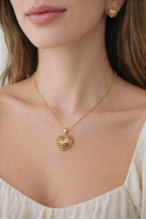 COLAR CONJUNTO QUADRADO / CORACAO TRANCADO 45CM