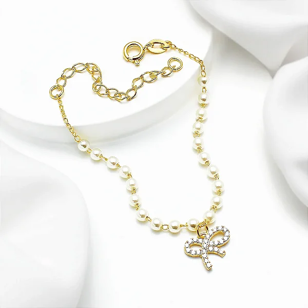 Pulseira 14+4cm Perolas Laço Cravejado