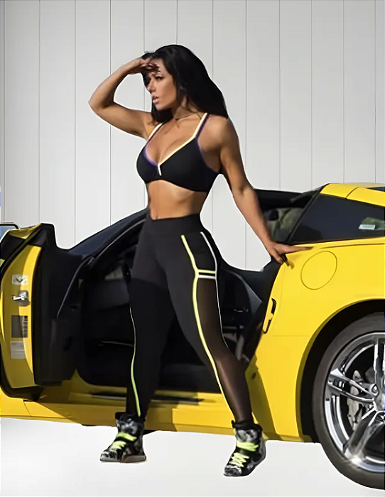 Legging Tela Preta Amarelo Flúor