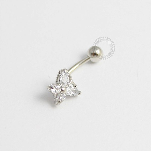 BN25 Navel Piercing Borboleta Pedra Zirconia Ródio